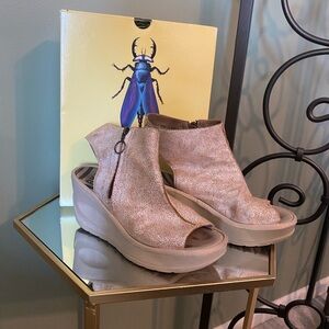 Fly London Women's Gold Peep-Toe Wedges